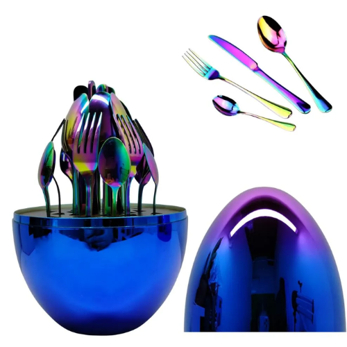Set de cubiertos en forma de huevo color tornasol x24 piezas