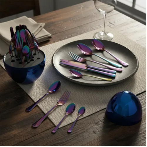 Set de cubiertos en forma de huevo color tornasol x24 piezas