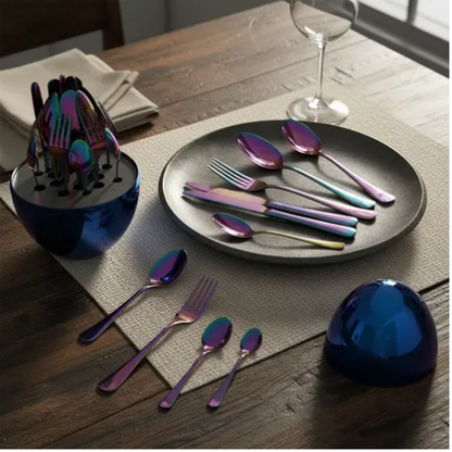 Set de cubiertos en forma de huevo color tornasol x24 piezas