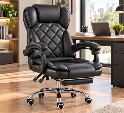 Silla Ejecutiva Premium Reclinable con Reposapiés | Cuero Sintético y Base Metálica | Grabado Rombo