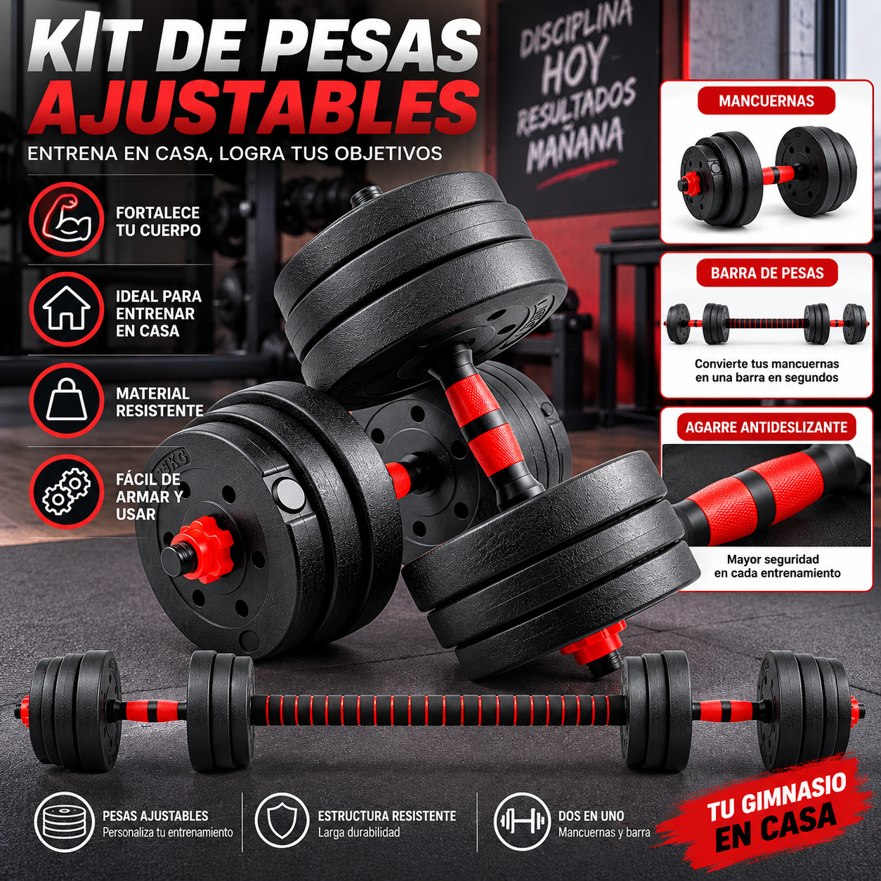 Set de Mancuernas 10KL Ajustables Con Barra