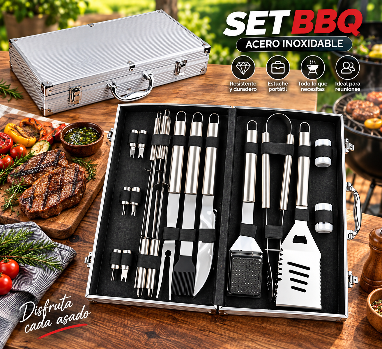 Set BBQ Premium en Acero Inoxidable con Maletín