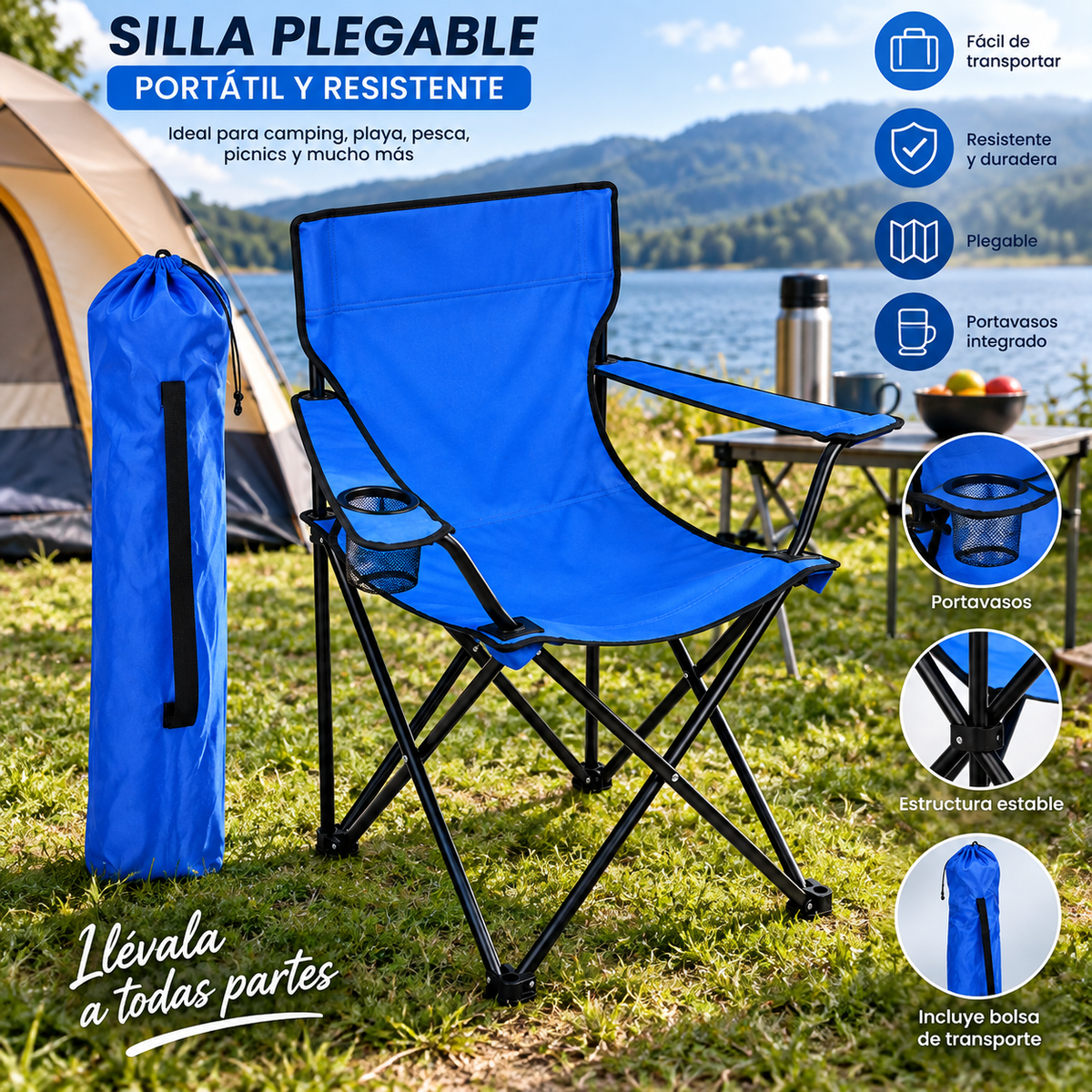Silla Plegable Portátil para Camping con Portavasos y Bolsa