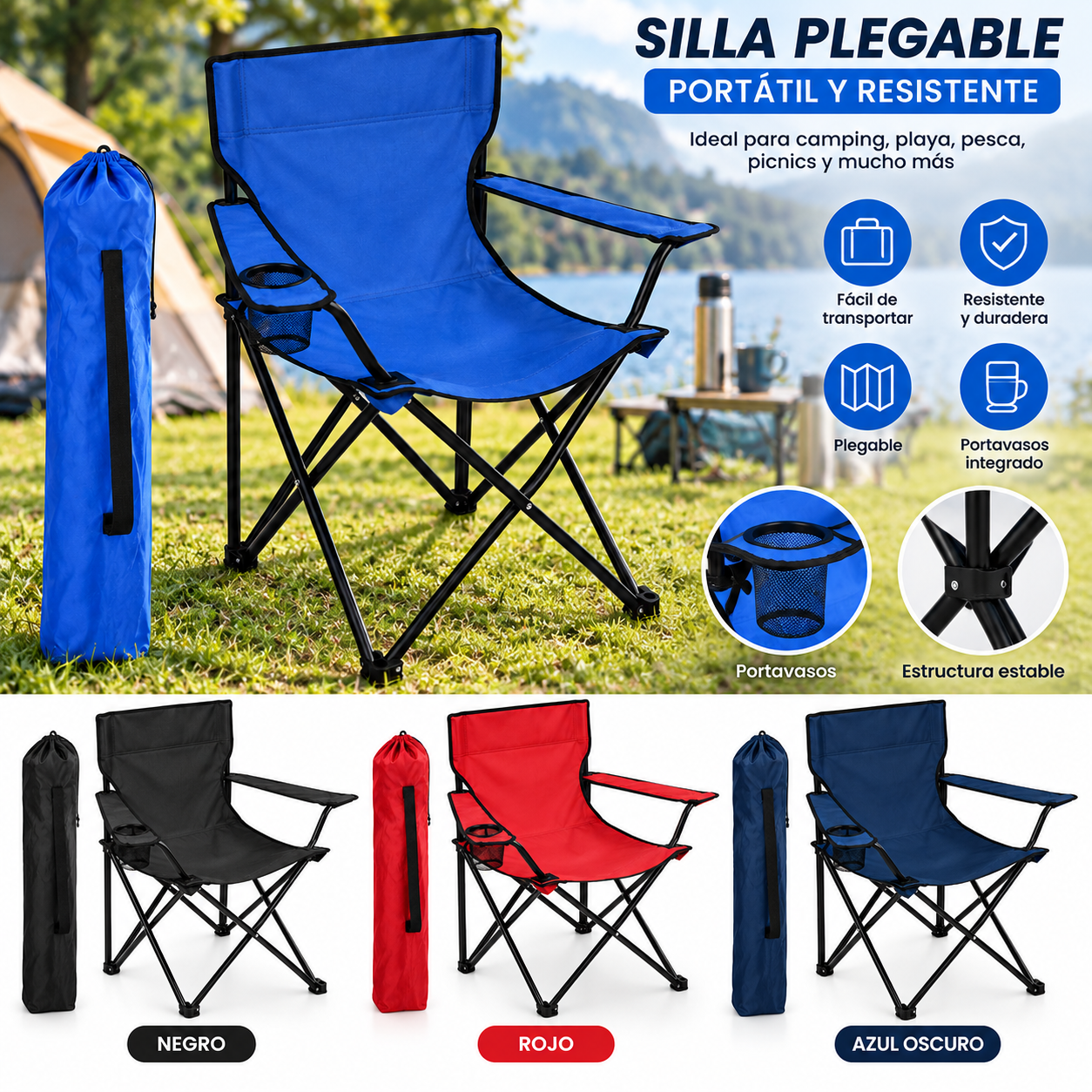 Silla Plegable Portátil para Camping con Portavasos y Bolsa