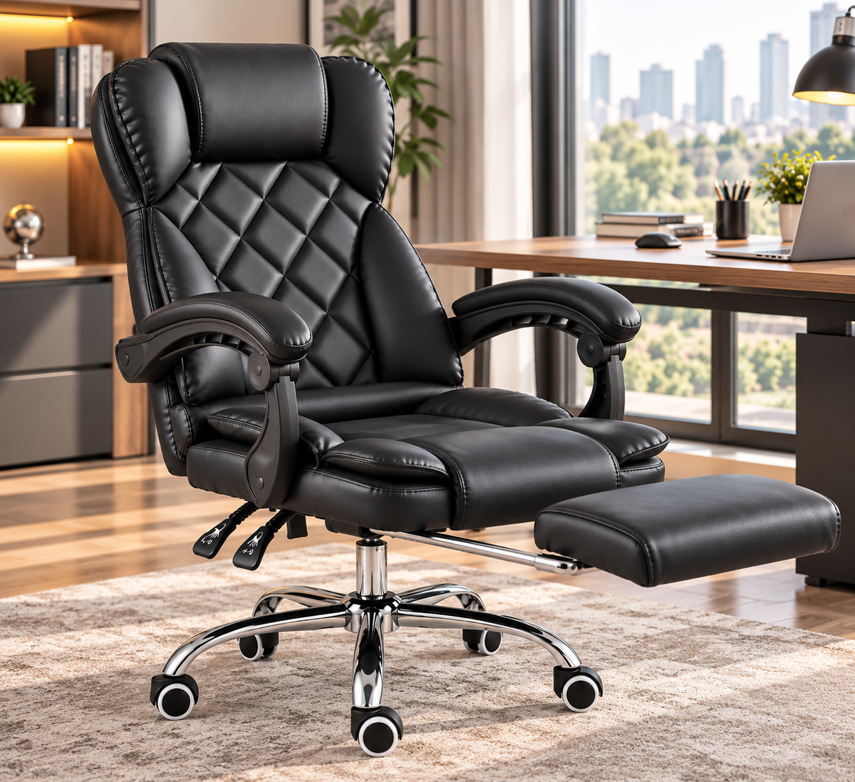 Silla Ejecutiva Premium Reclinable con Reposapiés | Cuero Sintético y Base Metálica | Grabado Rombo