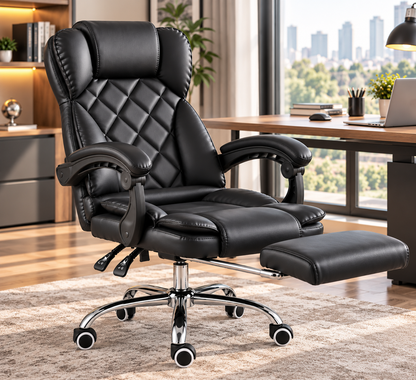 Silla Ejecutiva Premium Reclinable con Reposapiés | Cuero Sintético y Base Metálica | Grabado Rombo