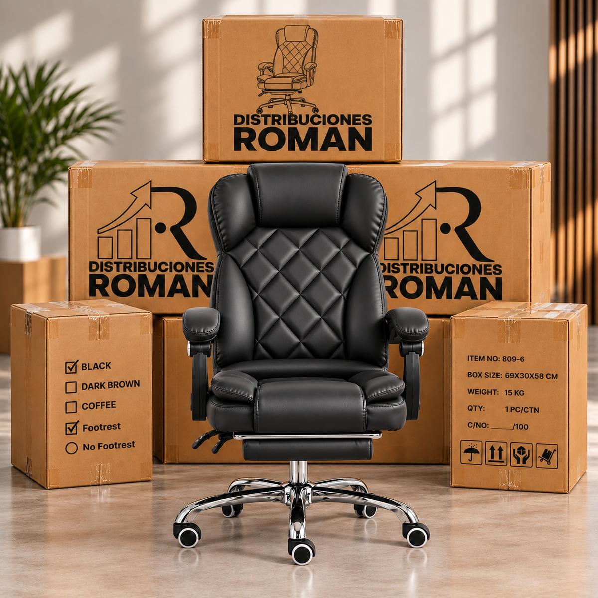 Silla Ejecutiva Premium Reclinable con Reposapiés | Cuero Sintético y Base Metálica | Grabado Rombo