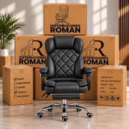 Silla Ejecutiva Premium Reclinable con Reposapiés | Cuero Sintético y Base Metálica | Grabado Rombo