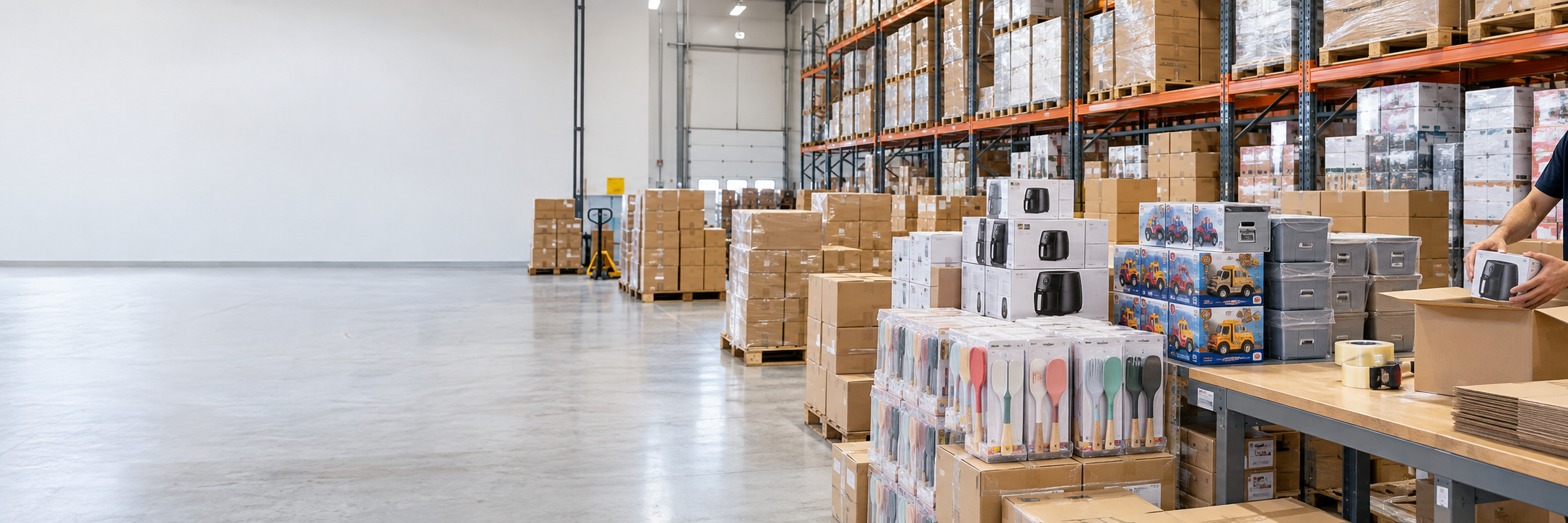 Productos para hogar y entretenimiento junto a pedidos en preparación